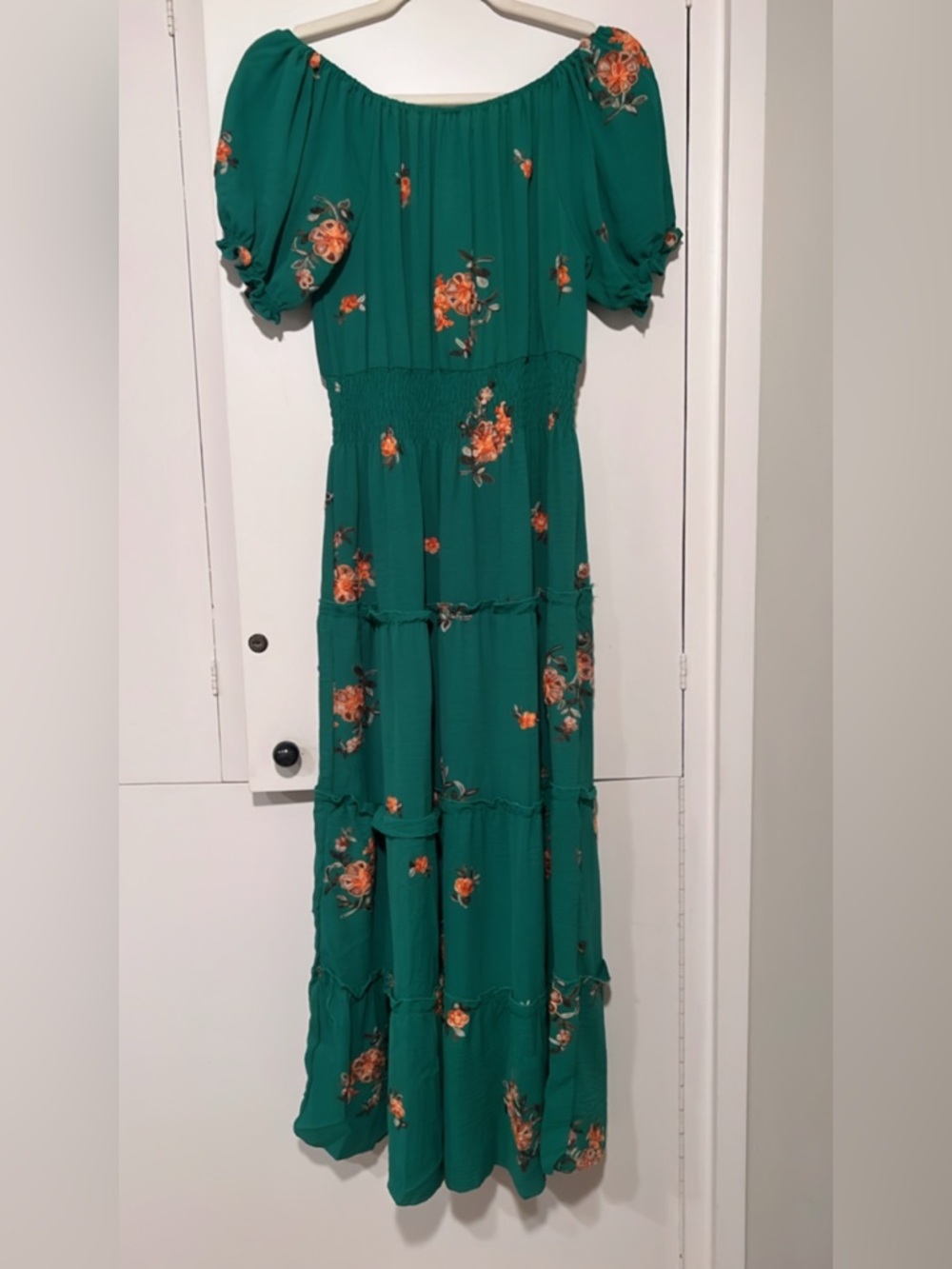 NWT Kindred Anthropologie Green Embroidered Maxi Dress Boho Off Shoulder - Picture 9 of 11